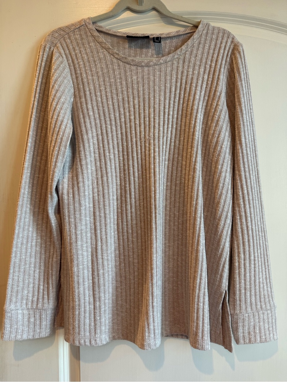 Susan Graver Ribbed Long-Sleeve Ribbed Sweater Light Beige